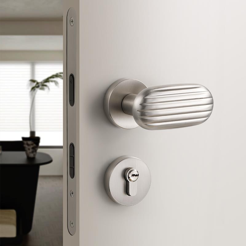 银色卧室门锁室内木门机械房门锁家用锁具分体磁吸静音房间门把手