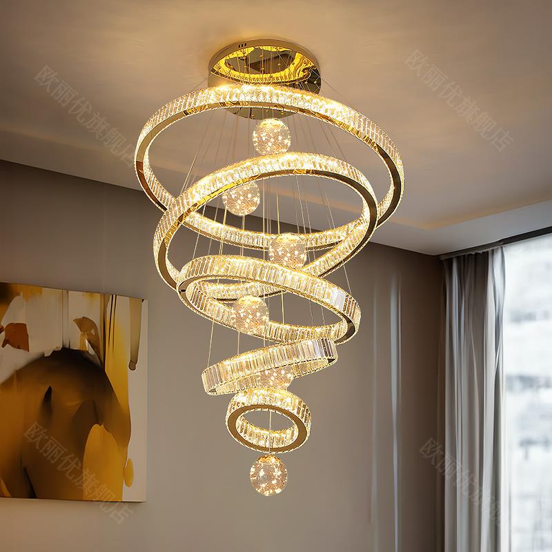 别墅挑空客厅吊灯轻奢高档楼中楼跃层挑高水晶灯复式楼中空大吊灯