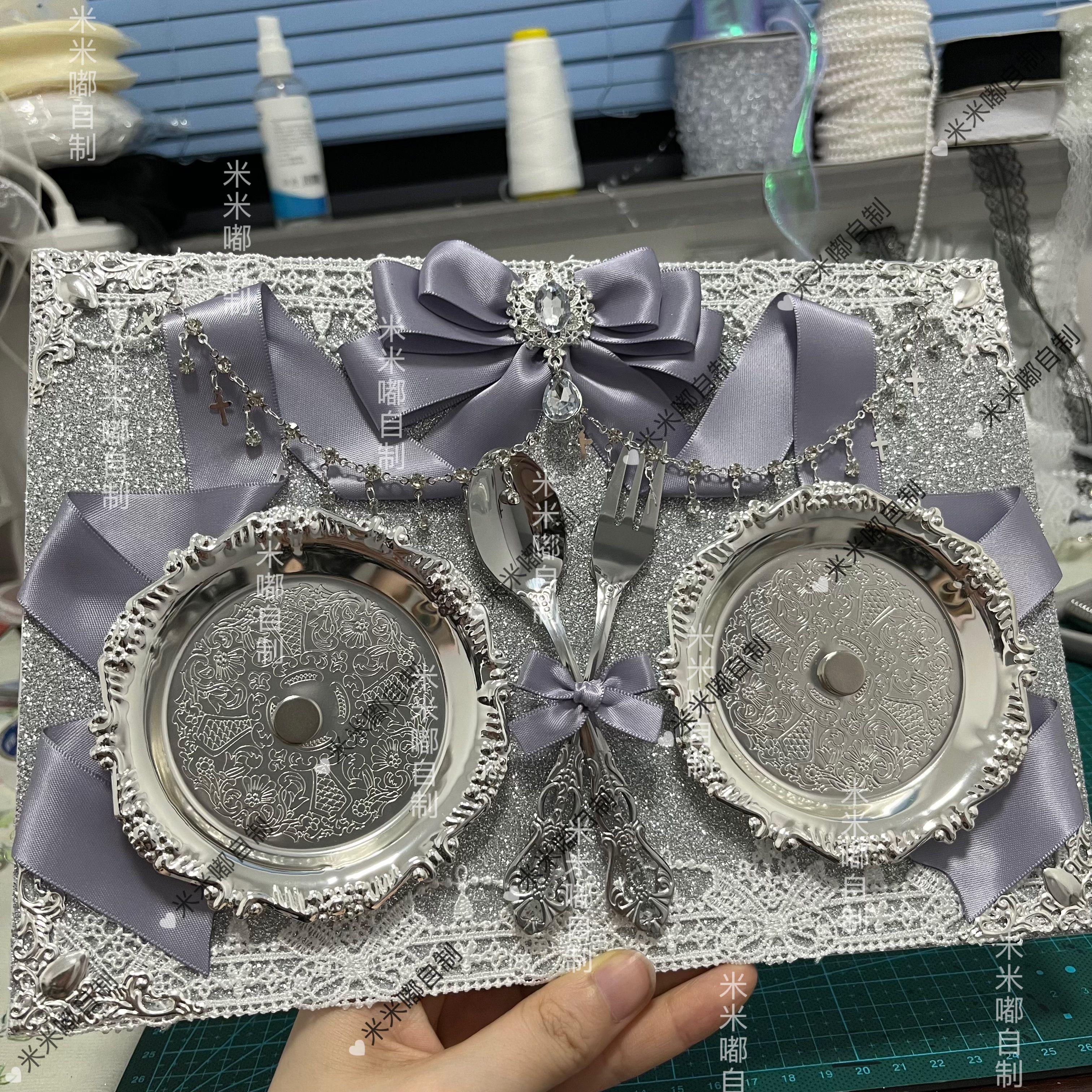 银色痛板成品丝带痛包扎板吧唧托 托装饰物蕾丝蝴蝶结餐具双餐盘