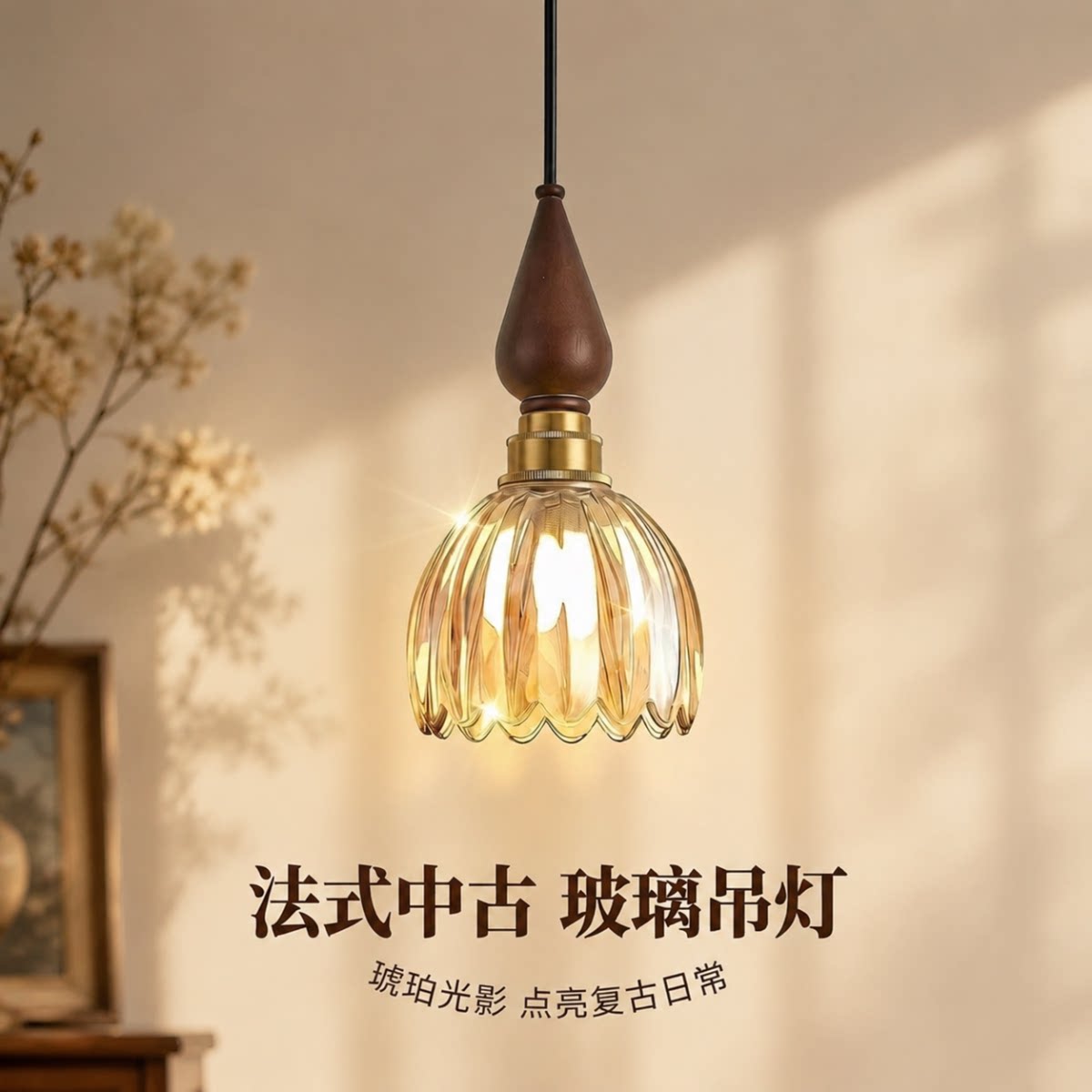 卧室床头小吊灯胡桃木色复古法式中古风个性高级感玻璃吊线吧台灯