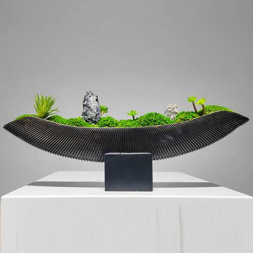 现代新中式创新船形苔藓绿植盆景酒店大堂展厅样板房仿真花装饰品