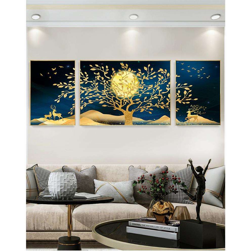 北欧客厅装饰画三拼大气组合鹿晶瓷挂画玄关墙画现代三联发财树