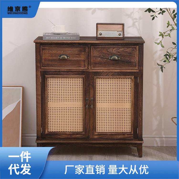 美式复古实木餐边柜藤编储物柜客厅备餐柜带门斗柜家用玄关茶水聚