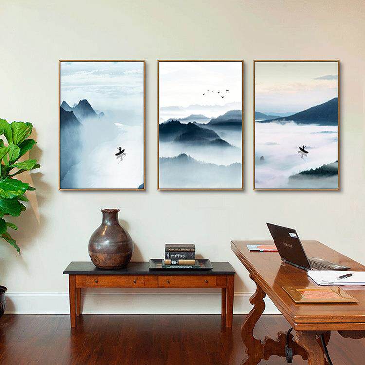 大芬厂客厅三联框组合油挂画山水新中式电脑喷绘油画酒店装饰油画
