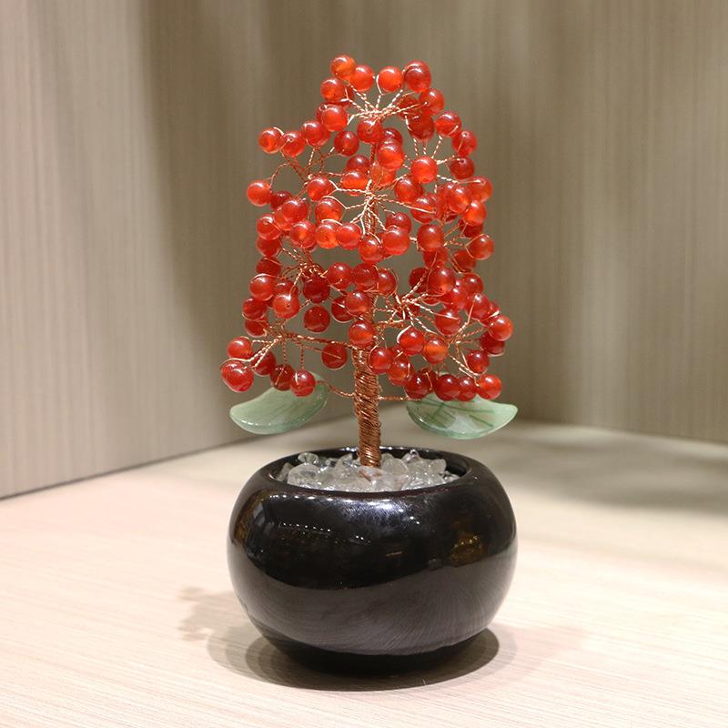 天然红玉髓招财树水晶树 陶瓷盆底摆件家居装饰品 碧玺摆件