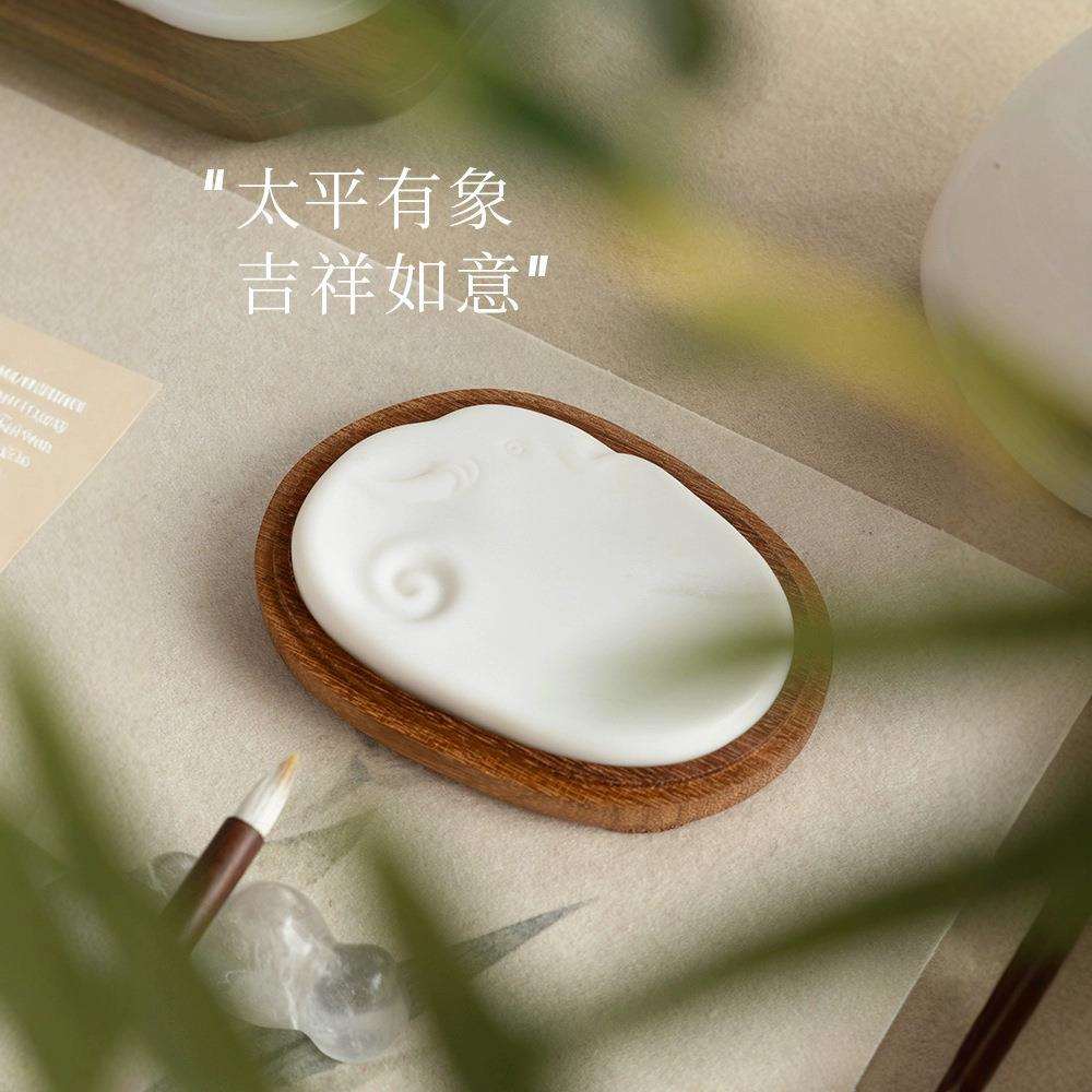 野里花间【太平有象】白端砚台带盖原石手工书法国画磨墨砚台