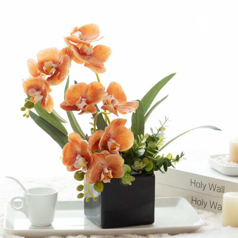 新中式仿真蝴蝶兰手感保湿假花橘色客厅餐桌茶几摆件装饰绿植盆栽