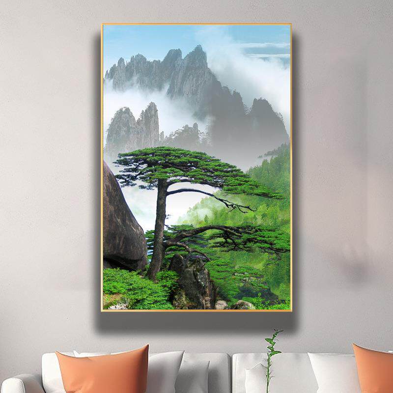 竖版黄山迎客松山水画有山无水靠山图招财画客厅卧室走廊过道挂画
