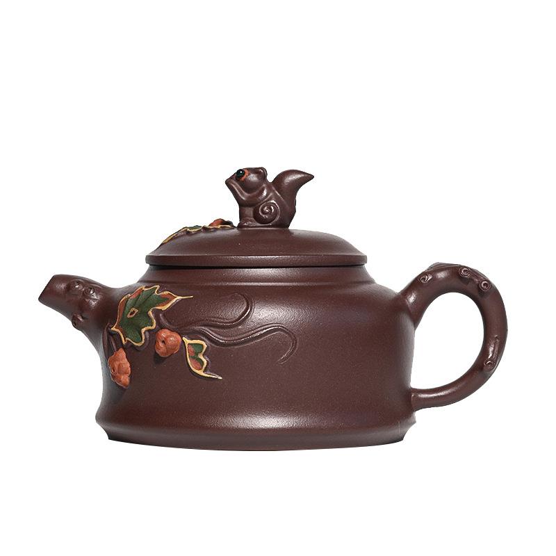 松鼠葡萄紫砂壶宜兴名家原矿紫泥精美泥绘泡茶壶茶具单壶