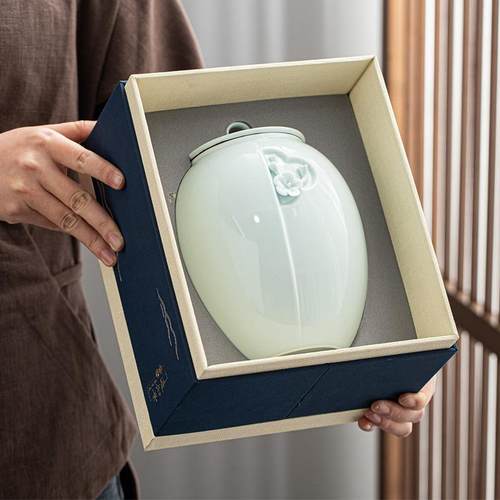 手工捏花陶瓷茶叶罐青瓷茶缸包装盒红茶绿茶大号一斤装密封罐茶仓