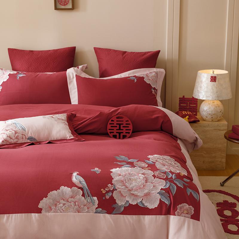 新中式100S全棉磨毛婚庆四件套国风婚嫁牡丹刺绣秋冬保暖床上用品