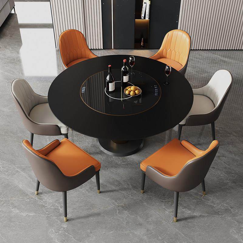 纯黑岩板餐桌高端家用小户型多功能内嵌转盘电磁炉圆形轻奢餐桌椅,住宅家具,岩板餐桌,淘宝优惠券,粉丝福利购,淘宝优惠卷