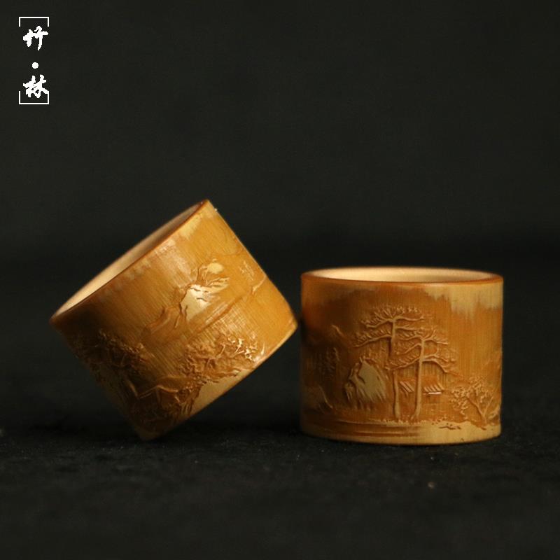 高品质名品王磊纯手工精细工艺浅浮雕山水风光老黄指柄件竹雕戒指