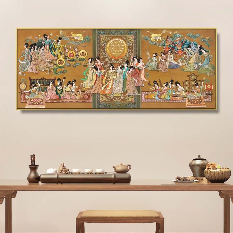 中国宫廷装饰壁画晶瓷画铝合金框国画客厅背景墙画办公室走廊挂画