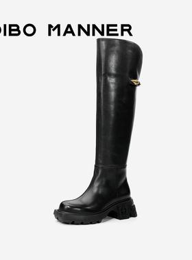 DIBO MANNER星芒系列 黑色真皮长筒时装靴金属扣饰长靴244173
