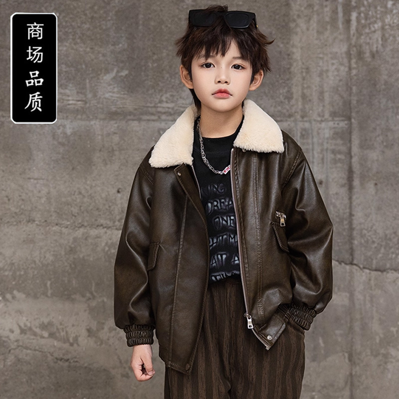 男童加绒皮衣外套秋冬款2025