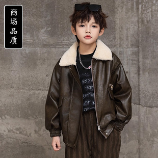 夹克加厚大童冬装 儿童冬季 上衣潮 2025新款 男童加绒皮衣外套秋冬款