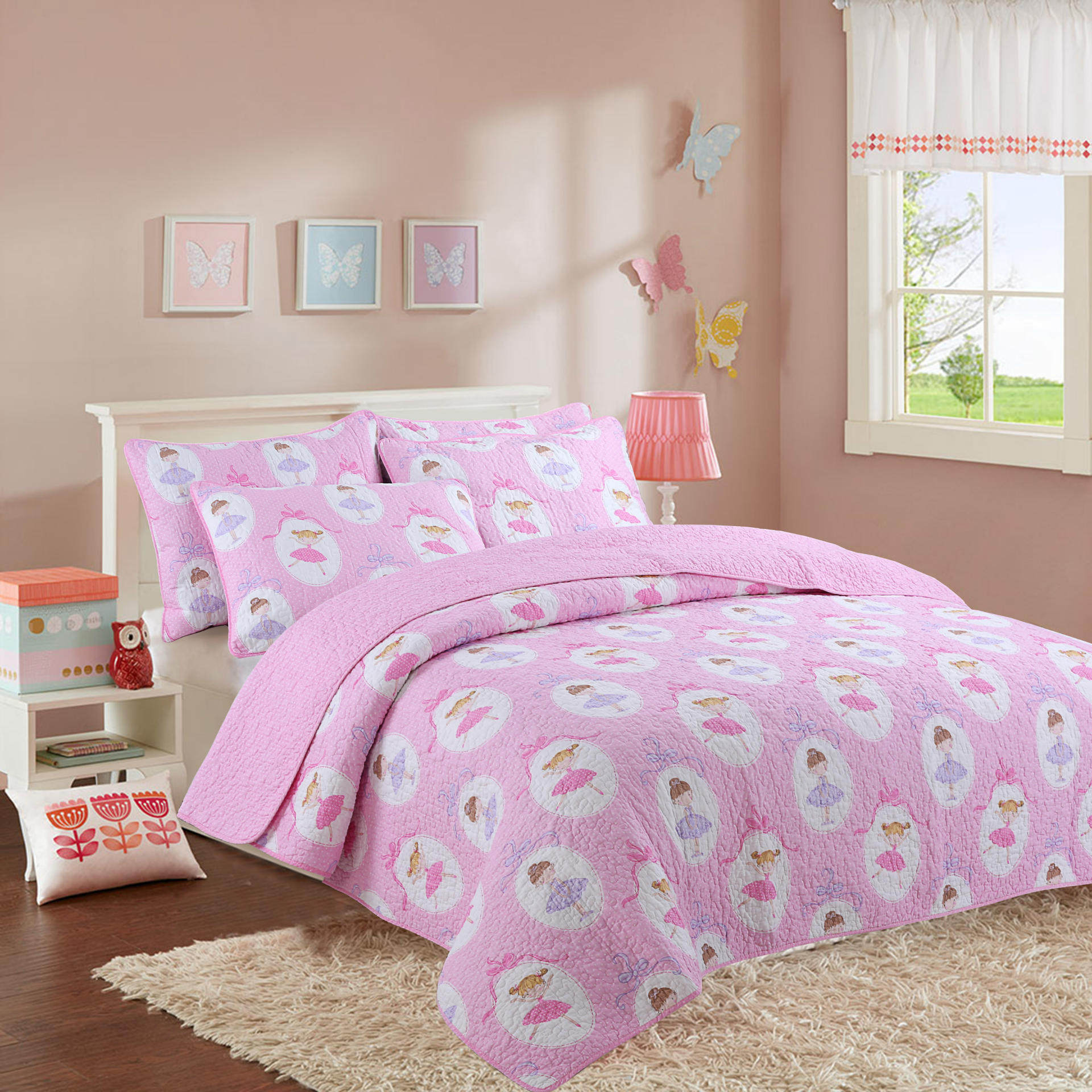 欧美平纹女孩床盖空调夏凉被学生三件套床品 纯棉儿童绗缝被