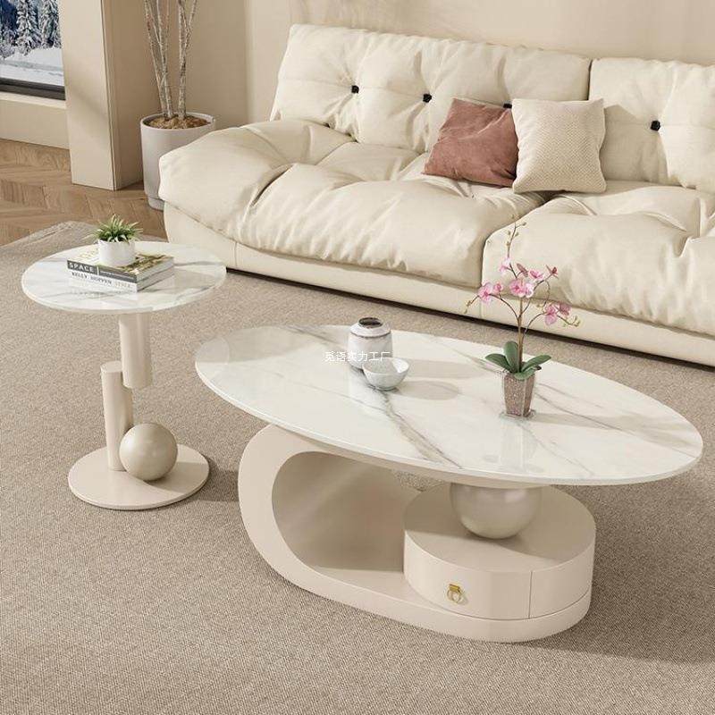 轻奢奶发油岩板茶几用客40348厅现代小户型沙客形厅组合椭家圆茶