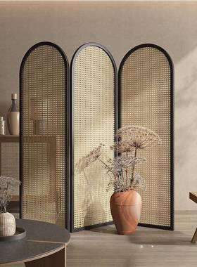 复古风实叠木编藤折屏遮挡隔断名宿酒店办公室可86851折隔简约断