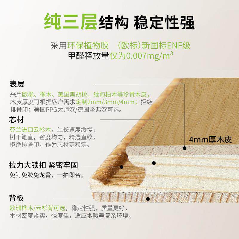 加ENF级2.2米4mm厚木皮纯三层原62827实木地板木风奶白艾色别高墅
