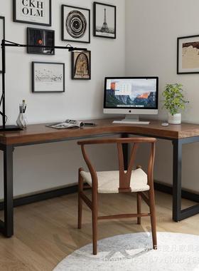 美式用房电脑办桌长条家拐角实木多人公68702桌靠墙台书式电脑桌