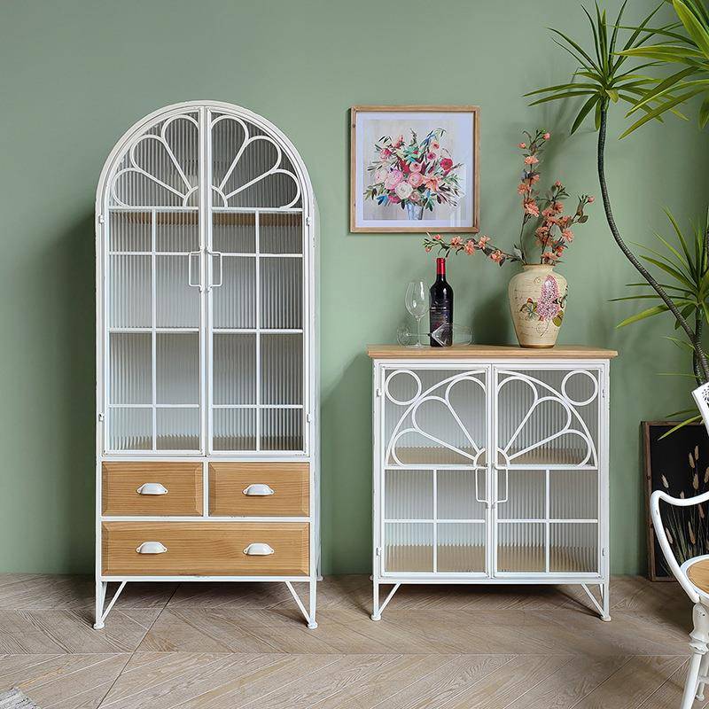 式复古实木餐边柜奶油餐厅法铁艺储物合柜客厅入户组HHRS2300白风