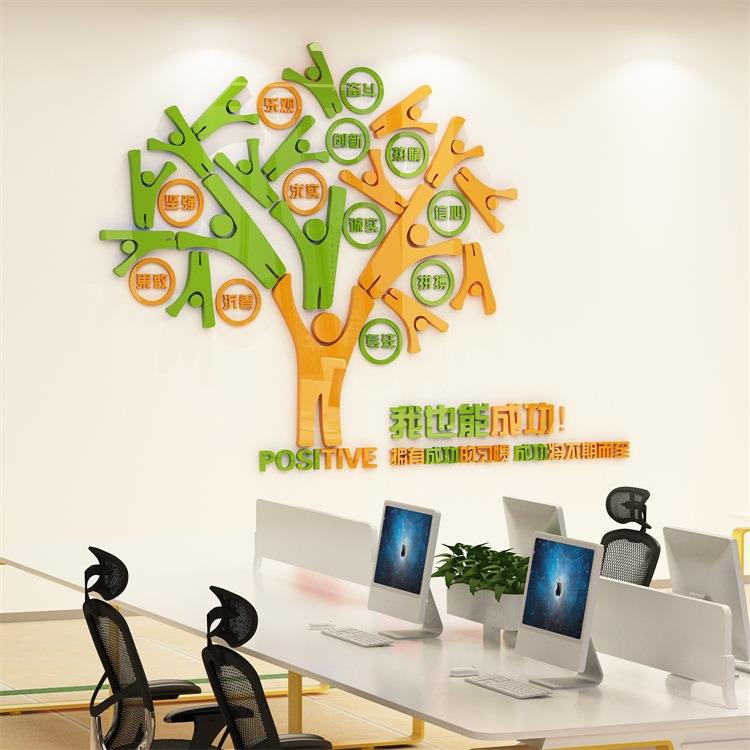 创意励志树办公室装饰3d立体亚克力墙贴公司文化墙企业团队墙贴画图片