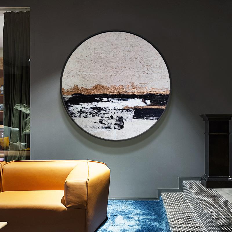 现代手绘油画新中式玄关圆形挂画客厅餐厅走廊装饰画样板间配画图片