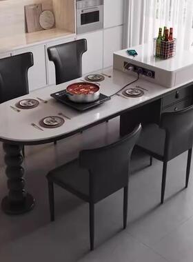 法式实木伸岩板岛YCV台餐桌简餐约一体多功能小缩户型家用桌椅圆