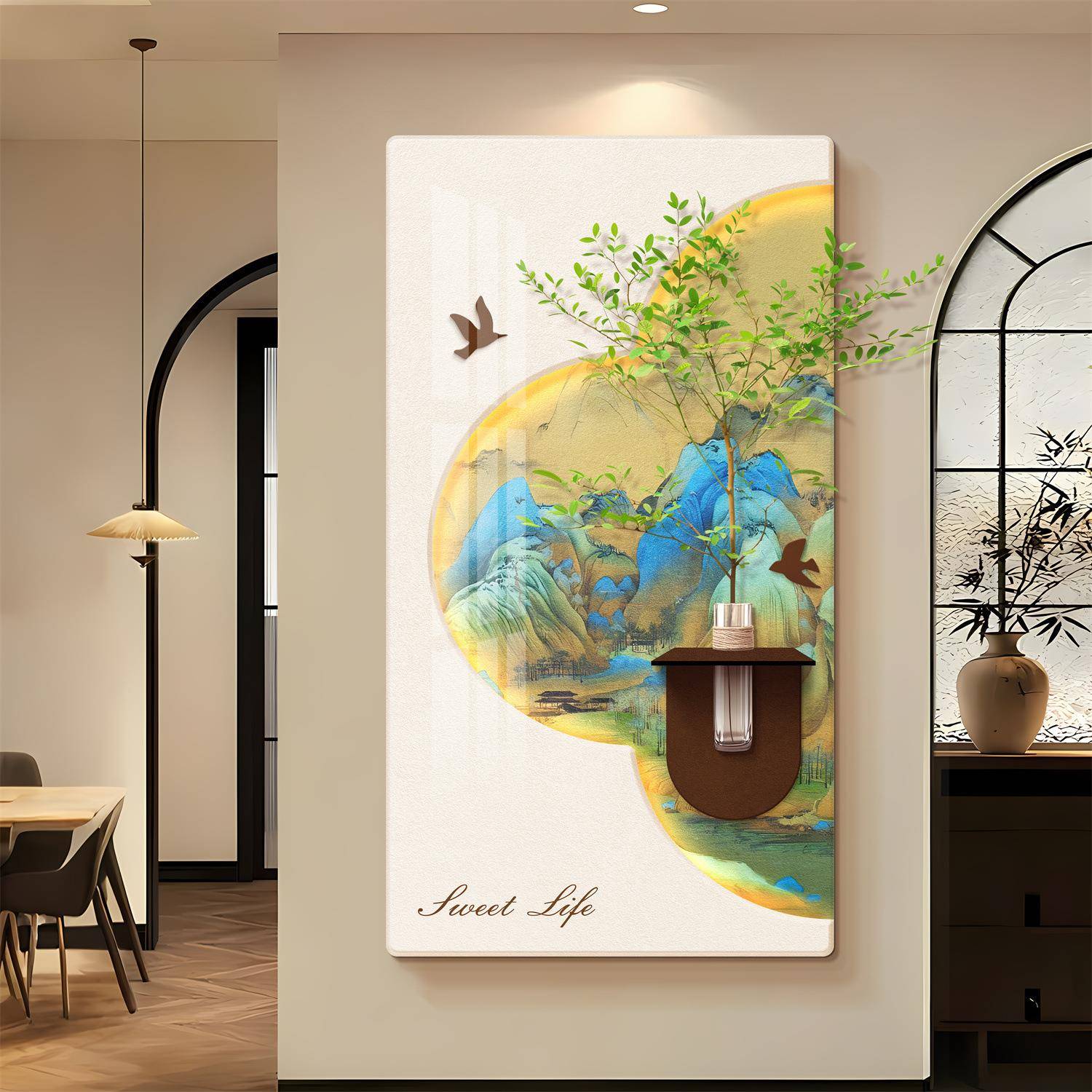奶油风现代简约立体入户玄关装饰画水培绿植走廊过道晶瓷挂画图片