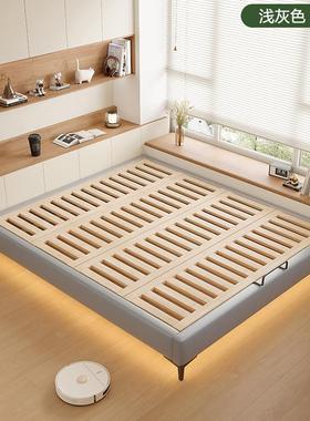 无床头床IVT架榫卯人加浮厚木排骨架榉现代简约齐边双猫抓皮实木