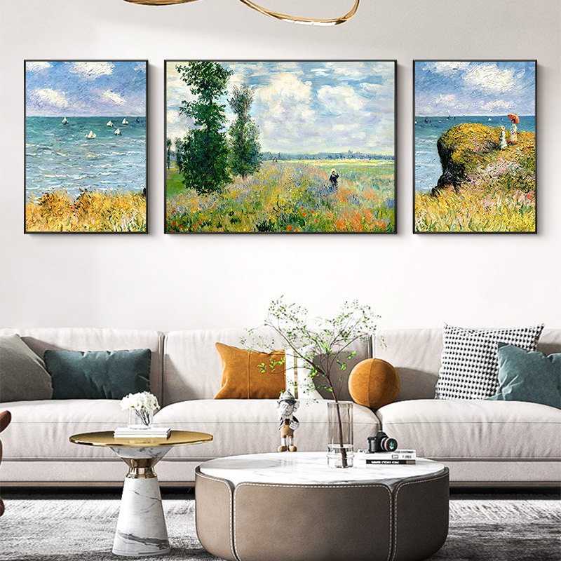 莫奈纯手绘肌理油画客厅装饰画三联轻奢莫奈田园风景海边挂画大芬