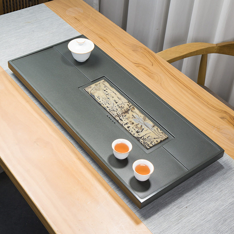 天然绿松石茶盘乌金石国画石茶台简约轻奢家用客厅现代批发排水式