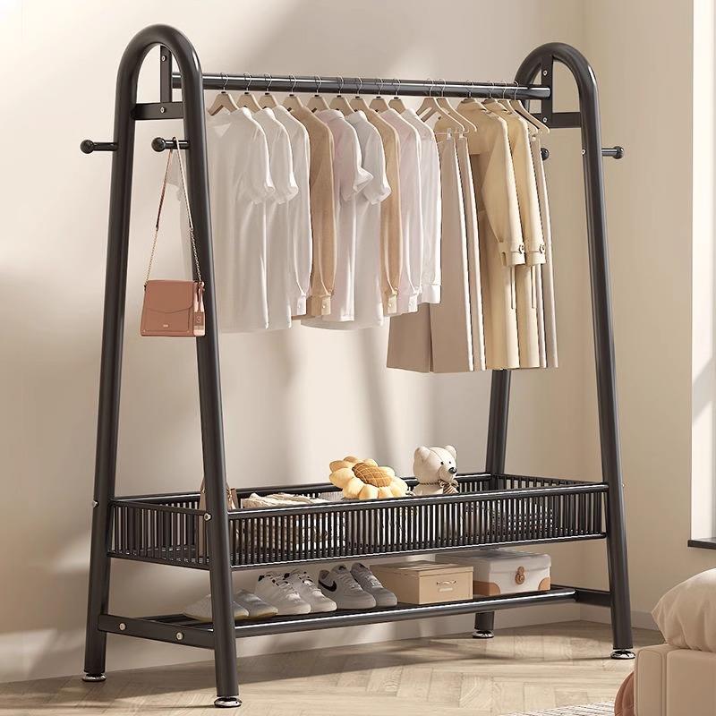 衣帽架落地带筐家用卧室简易挂衣架子阳台晒衣架室内单杆式晾衣架