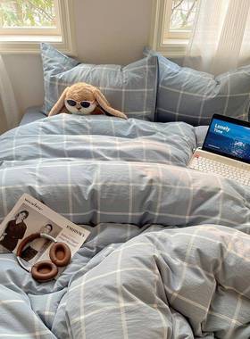 北欧全棉水洗棉色织四件套学生简约宿舍被套三件套