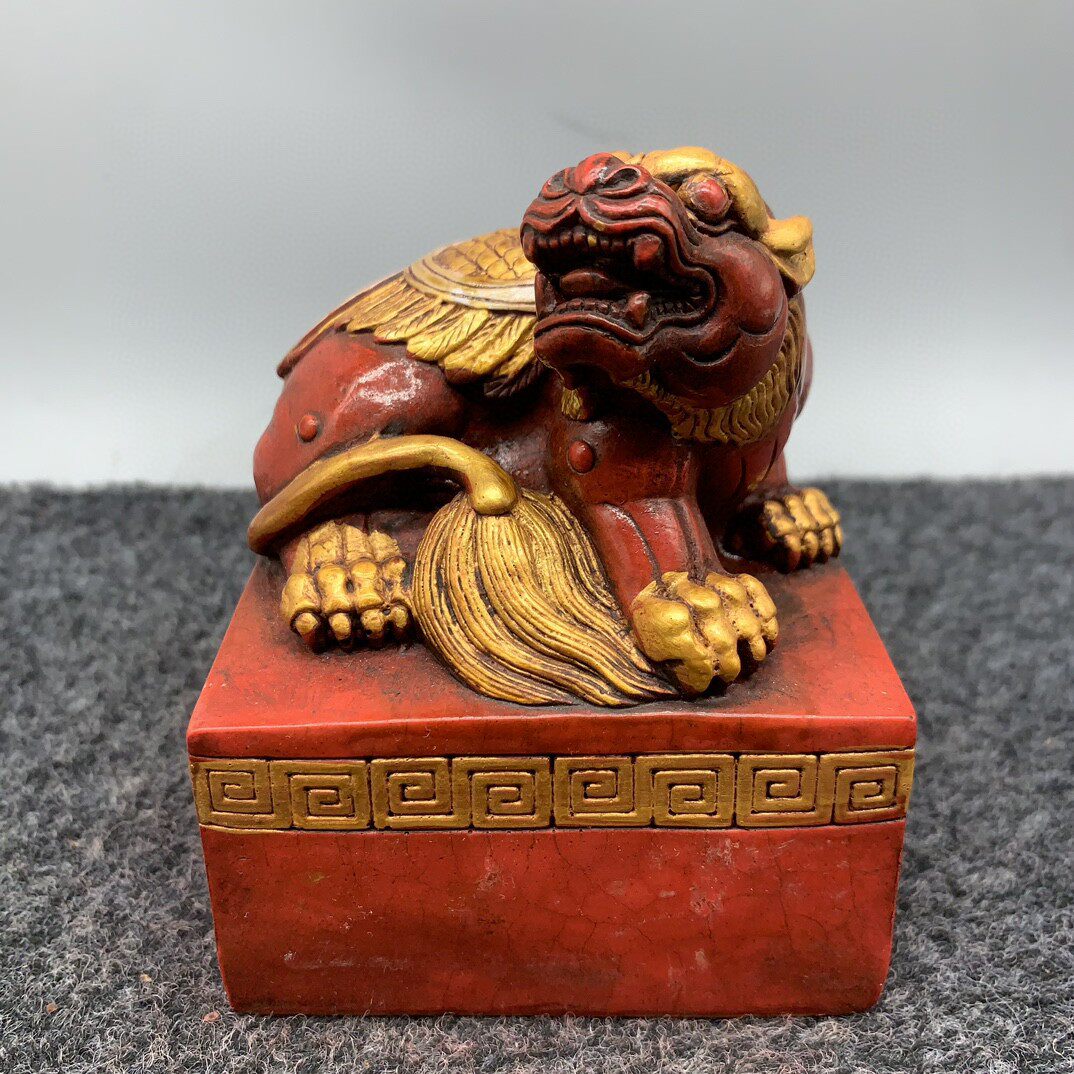 古玩仿古寿山石雕朱砂描金印章61龙龟厚德载物玉玺摆件带字装饰