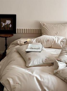 北欧简约素色全棉50支贡缎长绒棉刺绣四件套田园风花卉轻奢双人床