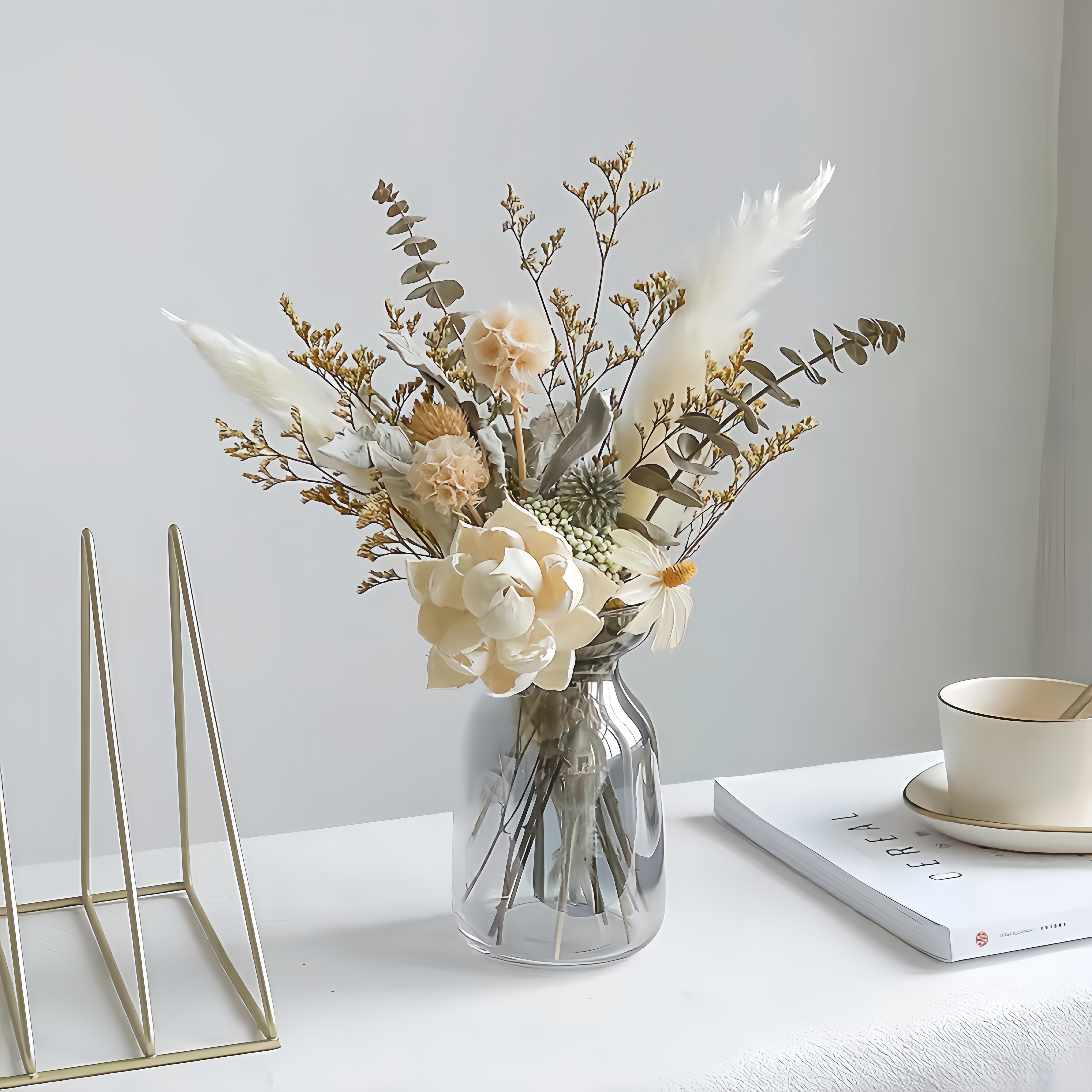 高级干花真花尤加利叶棉花花束