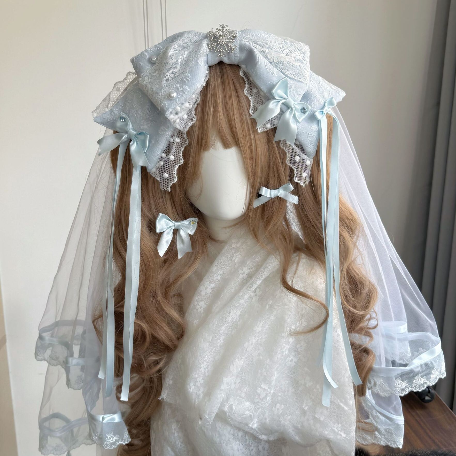 Little Fortune水蓝色蝴蝶结头纱手作lolita