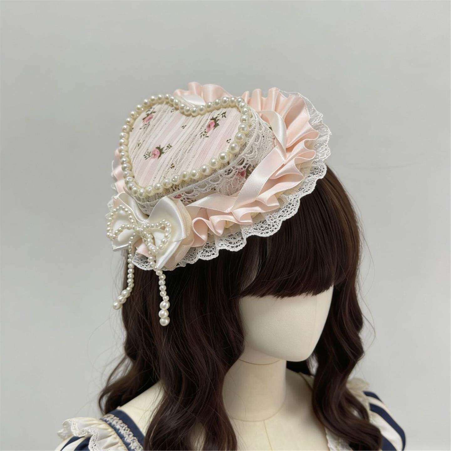 Little Fortune粉色爱心蕾丝小礼帽发饰蝴蝶结洛丽塔可爱lolita