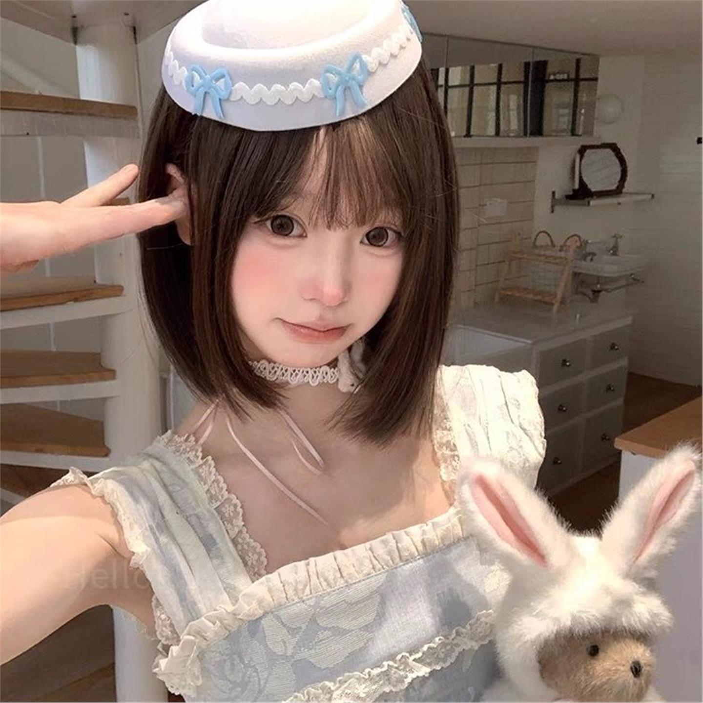 日系可爱蓝色蝴蝶结小礼帽jk少女芭蕾风lolita顶帽头饰海军水手帽
