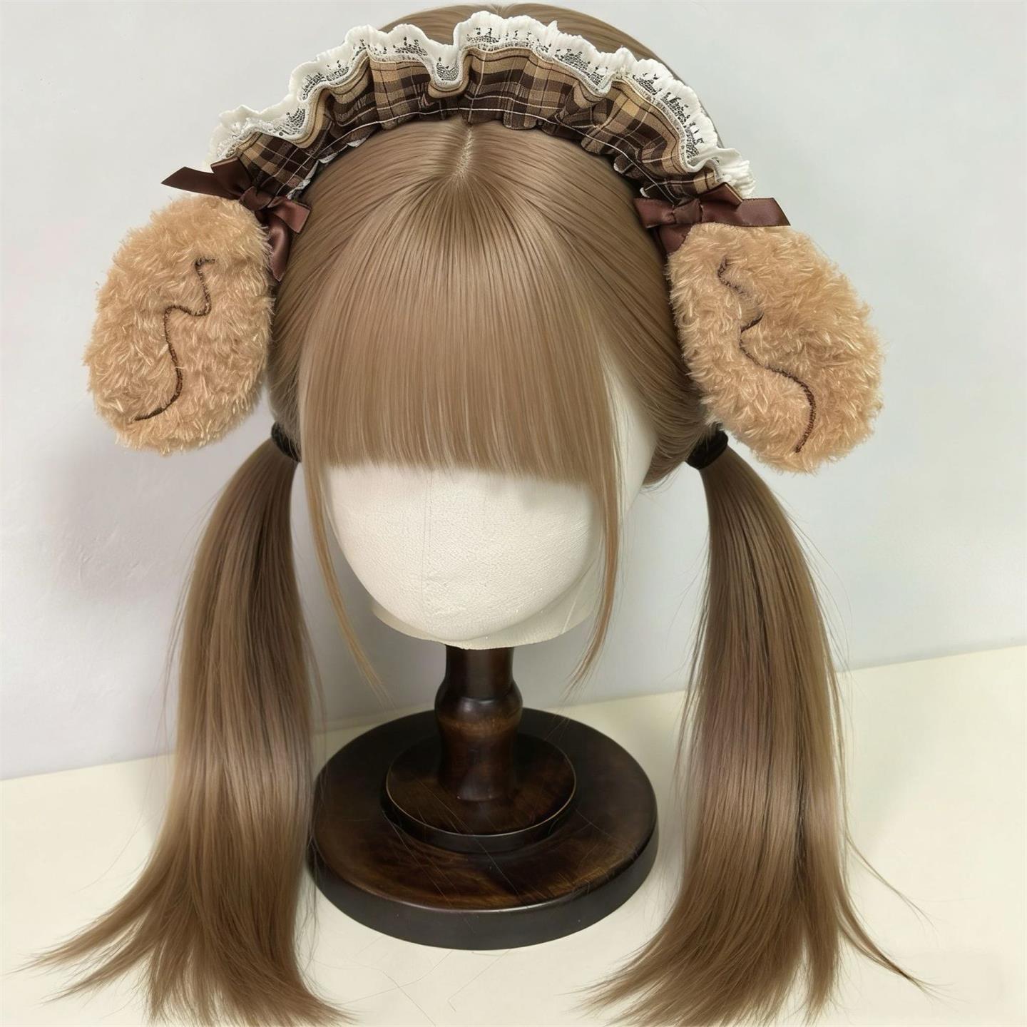可爱女儿服日系格纹发箍甜美蝴蝶结女仆秋田犬狗狗耳朵Lolita发饰