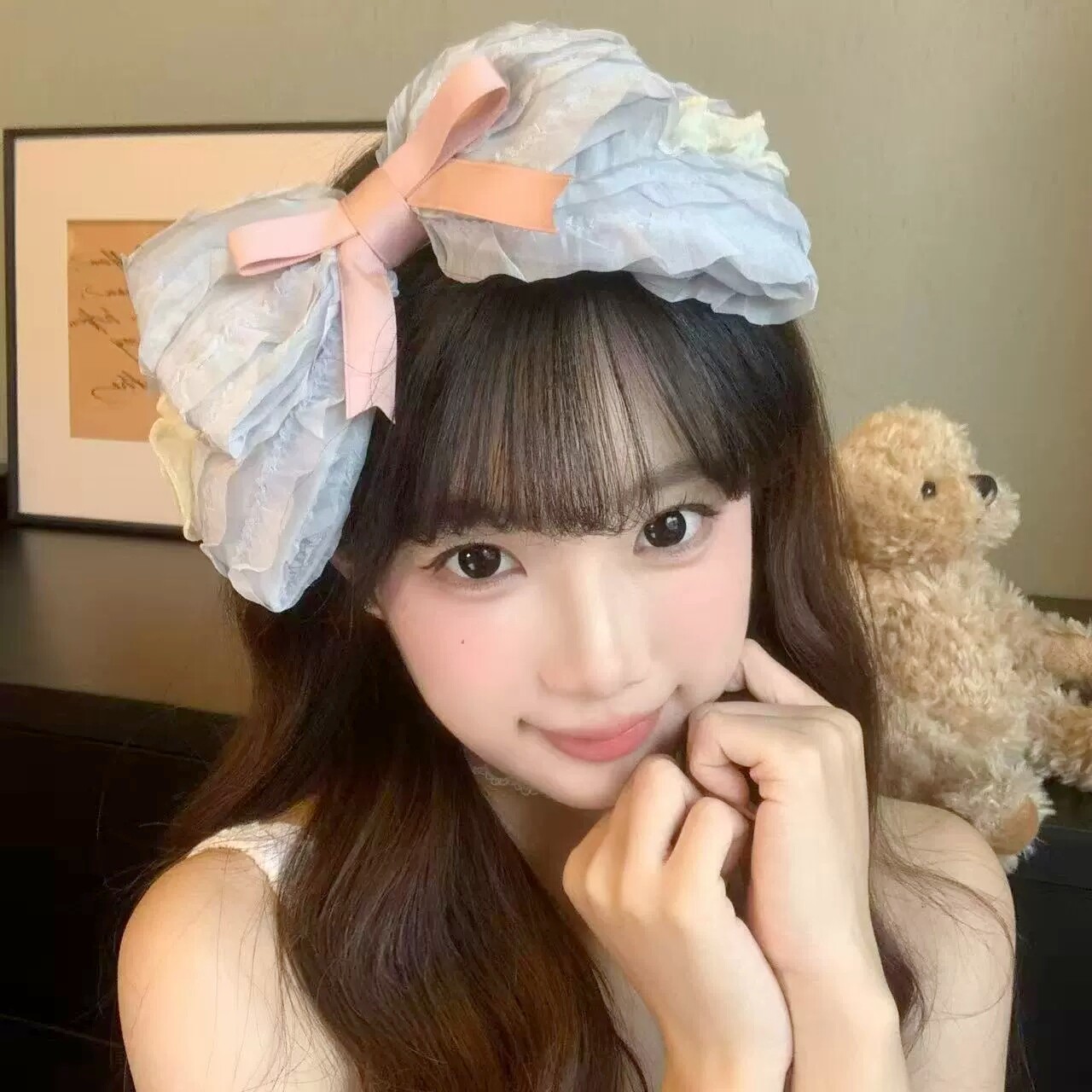 蓝色粉色大蝴蝶结发饰女顶夹