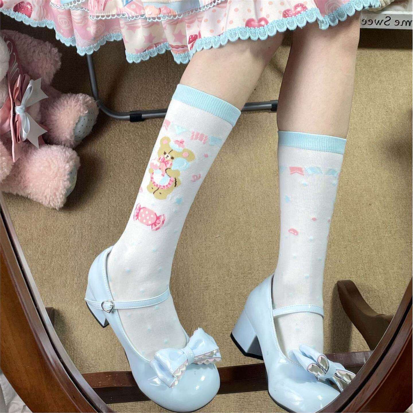 Little Fortune甜美印花粉色草莓蛋糕lolita袜子洛丽塔可爱小腿袜