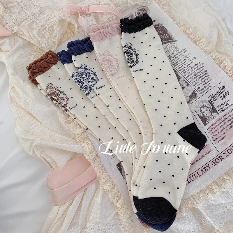 Little Fortune线条娃娃纯棉Lolita袜子女士制服中筒袜日系瘦腿袜