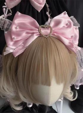 Little Fortune粉蓝色超大蝴蝶结爱心多层珍珠lolita甜美发箍kc