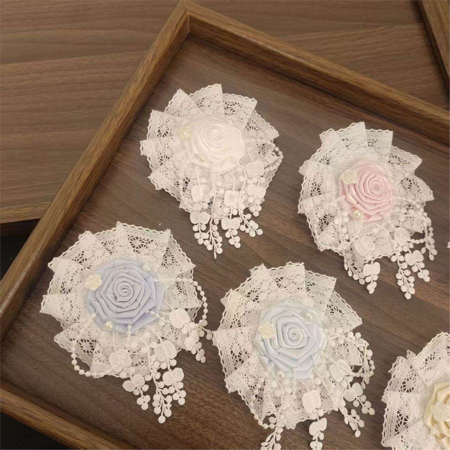 Little Fortune手作洛丽塔花丸玫瑰流苏边夹胸针两用lolita发饰