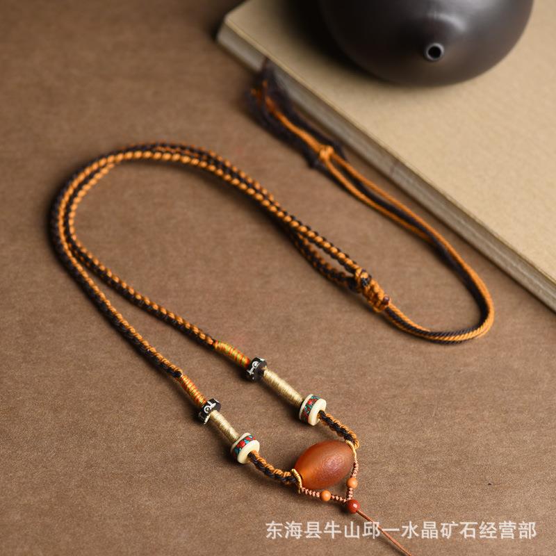 藏式吊坠项链绳纯手工手搓棉编绳天珠玛瑙吊坠配饰女项链挂件绳子