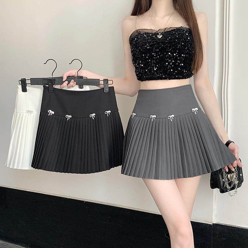 实拍西装百褶半身裙女春夏2026新款高腰显瘦百搭蝴蝶结字短裙白色